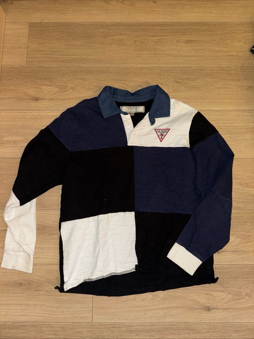 Guess Patchwork Rugby Shirt in Navy, Black & White